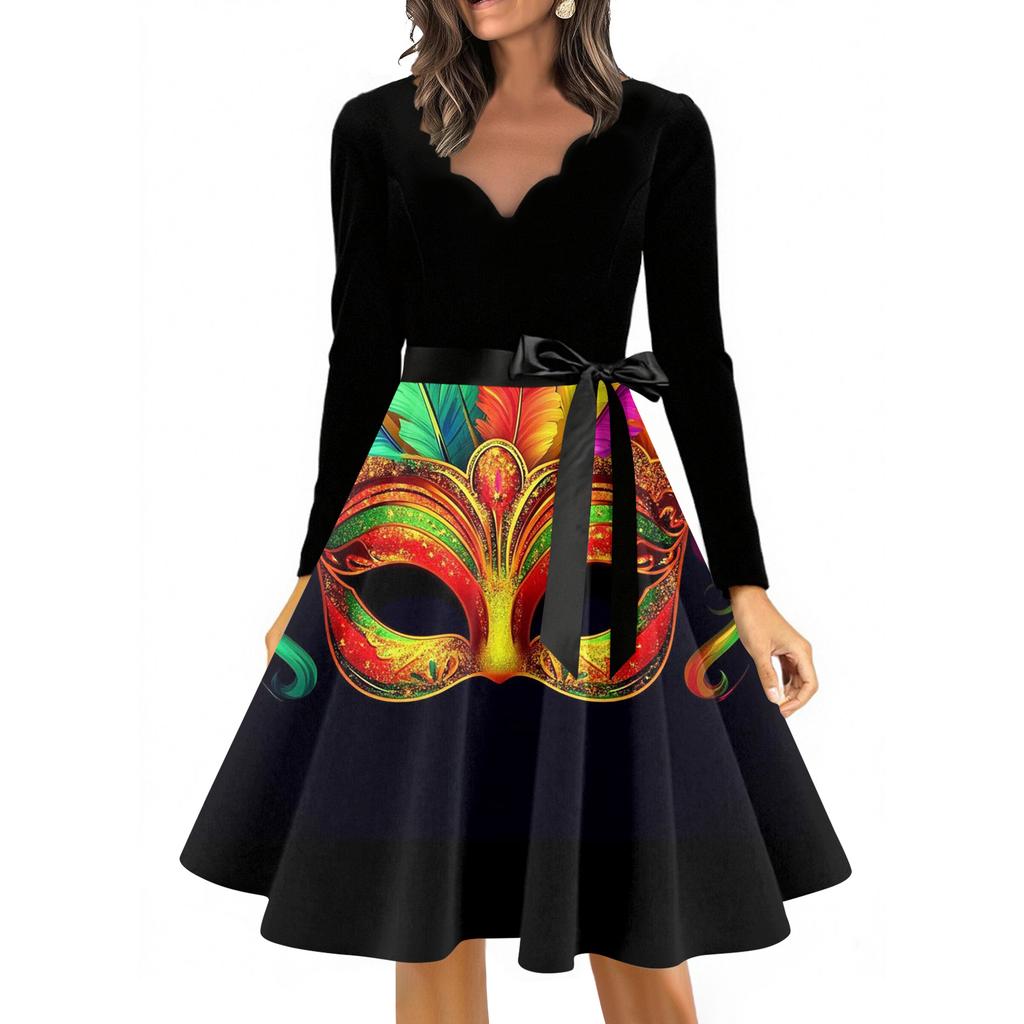 Dámské ležérní módní šaty s výstřihem do V, dlouhým rukávem, s potiskem, vintage, dlouhé