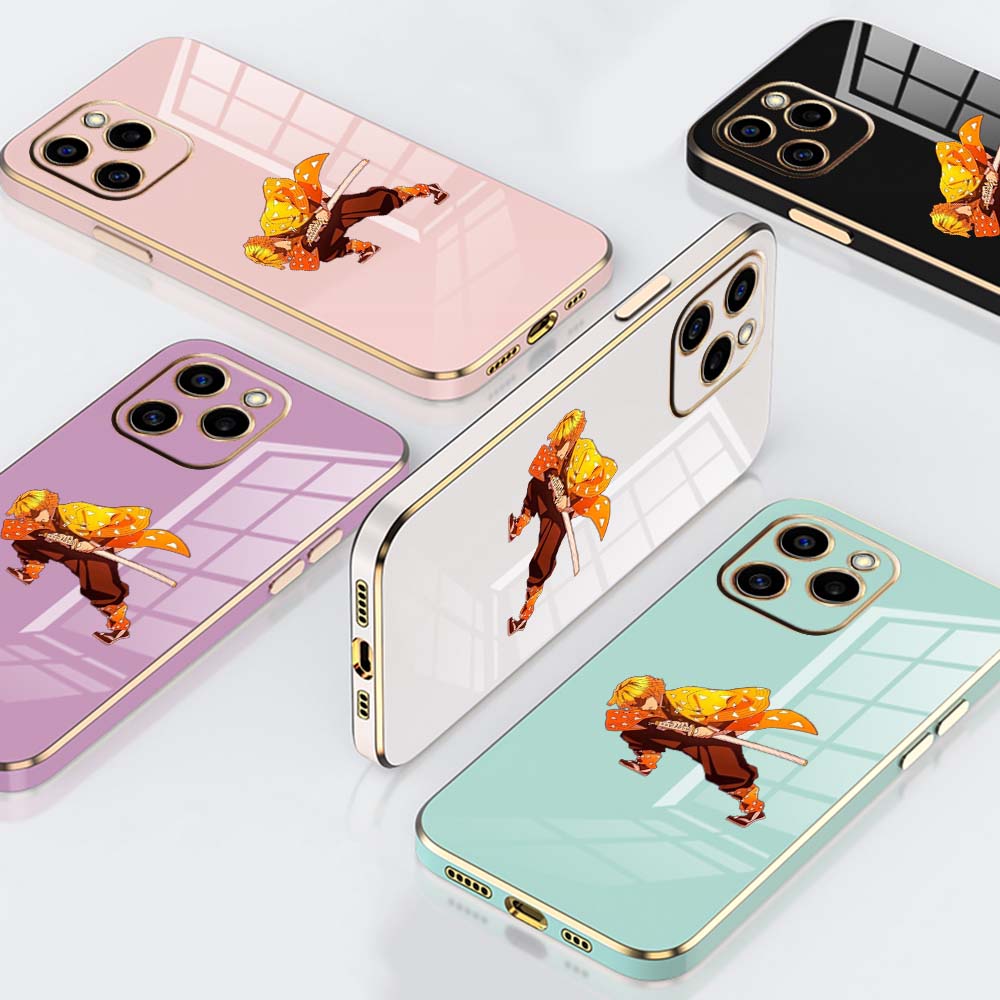 

N45 Demon Slayer с золотым покрытием и краями Мягкий чехол для телефона из ТПУ для Samsung S23 S24 S22 Ultra A14 A34 A54 A22 Huawei P40 Honor 90 Противоударная задняя крышка