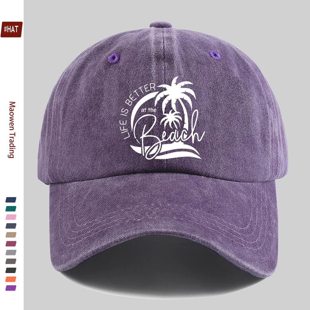 Pc Vintage Beach Vacation Print Baseball Cap Sweet Vacation Style Decorative Papa Hat Trucker Sun Hat Washed Buckle Strap Ad