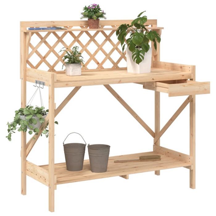 VidaXL Potting Bench with Trellis, Plant Stand with Hooks and Drawer, Garden Patio Potting Table, Wood 368428