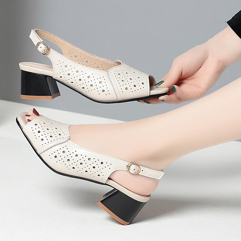 Sandály Ženy Léto Rybí huba Originální Kůže Ženy Sandály Blokový podpatek Velká velikost Sandály pro maminku středního věku