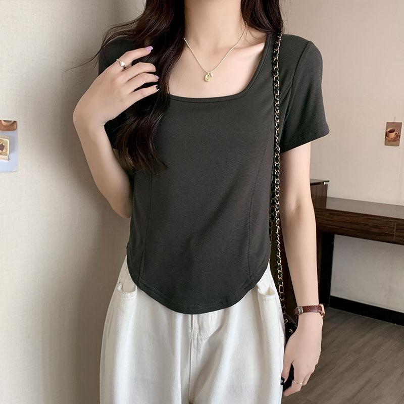Square neck short-sleeved T-shirt women's summer shoulder slim pure desire design niche irregular short fishbone top