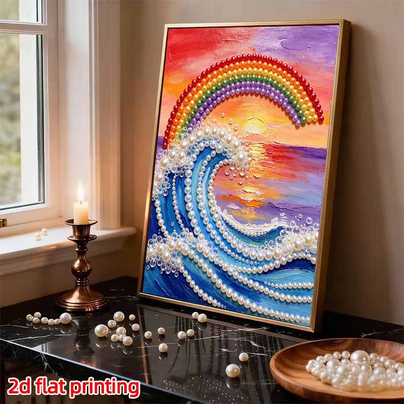 Frameless Pearl Bead Painting Kit Rainbow Ocean Wave Pattern DIY Sparkling Art Canvas Creative Leisure Craft for Adults Wall Decor Home Gift