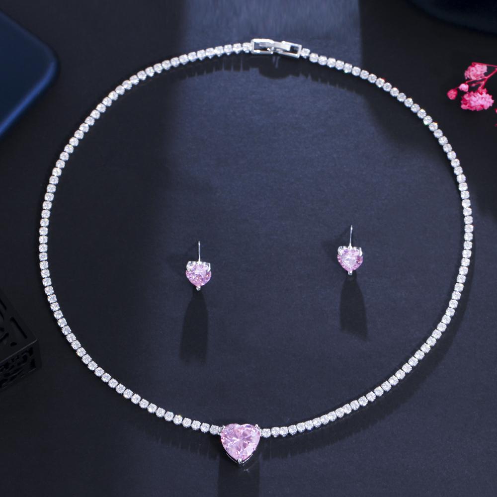 

CMM Романтическая любовь в форме сердца Розовый цирконий Женское обручальное ожерелье Серьги Свадебный комплект украшений розовый