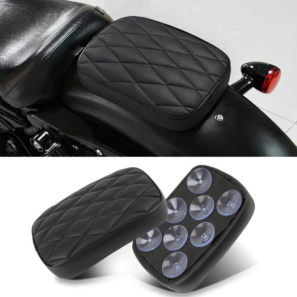 Motorcycle Pillion Passenger Pad Seat, Black Rhombus Pattern Leather Pillion Pad W/ 8 Suction Cup Rear Passenger Seat Compatible with Harley Custom
