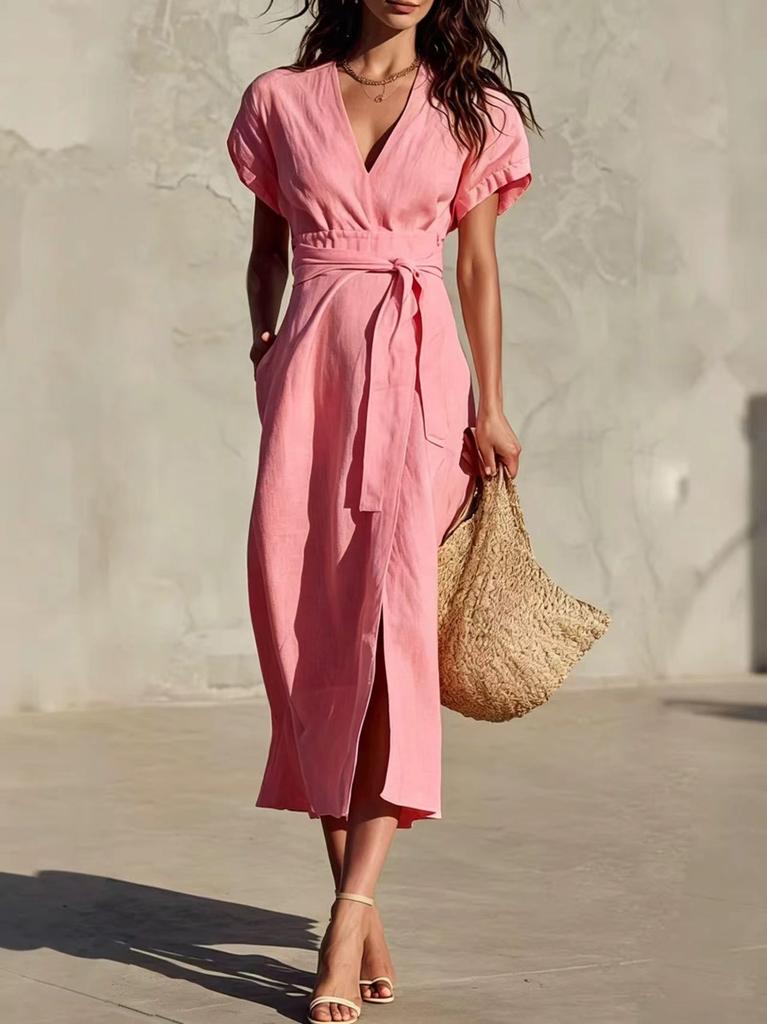 2026 New European and American Cross-border Independent Station Foreign Trade, Casual Simple Solid Color Lace-up V-neck Pocket Medium and Long Dress