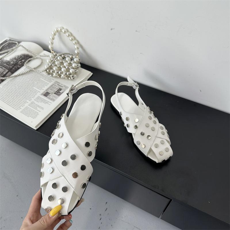 Fashion High Quality Punk Rivet Hollow Out Women Flats Sandals Fashion Summer Slingbacks Buckle Strap Square Toe Casual Dress Shoes