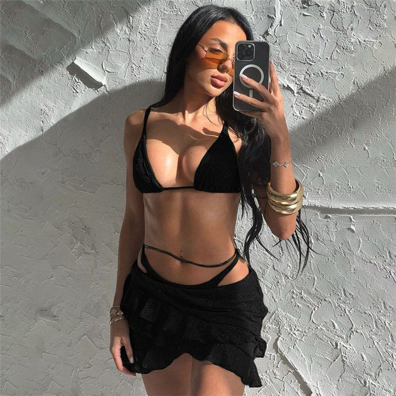 

European and American Style 2024 Summer New Cross-Border Sexy Hot Girl Crop Top Lace Crochet Tie Bikini Short Skirt Set Black S