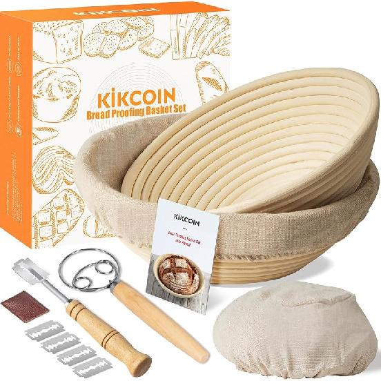 Корзина для расстойки хлеба, Kikcoin Banneton Набор из 2 корзин для расстойки хлеба, Круглые корзины для расстойки закваски 9 дюймов и 10 дюймов со льняной подкладкой, Хлеб 9 Round & 10 Round