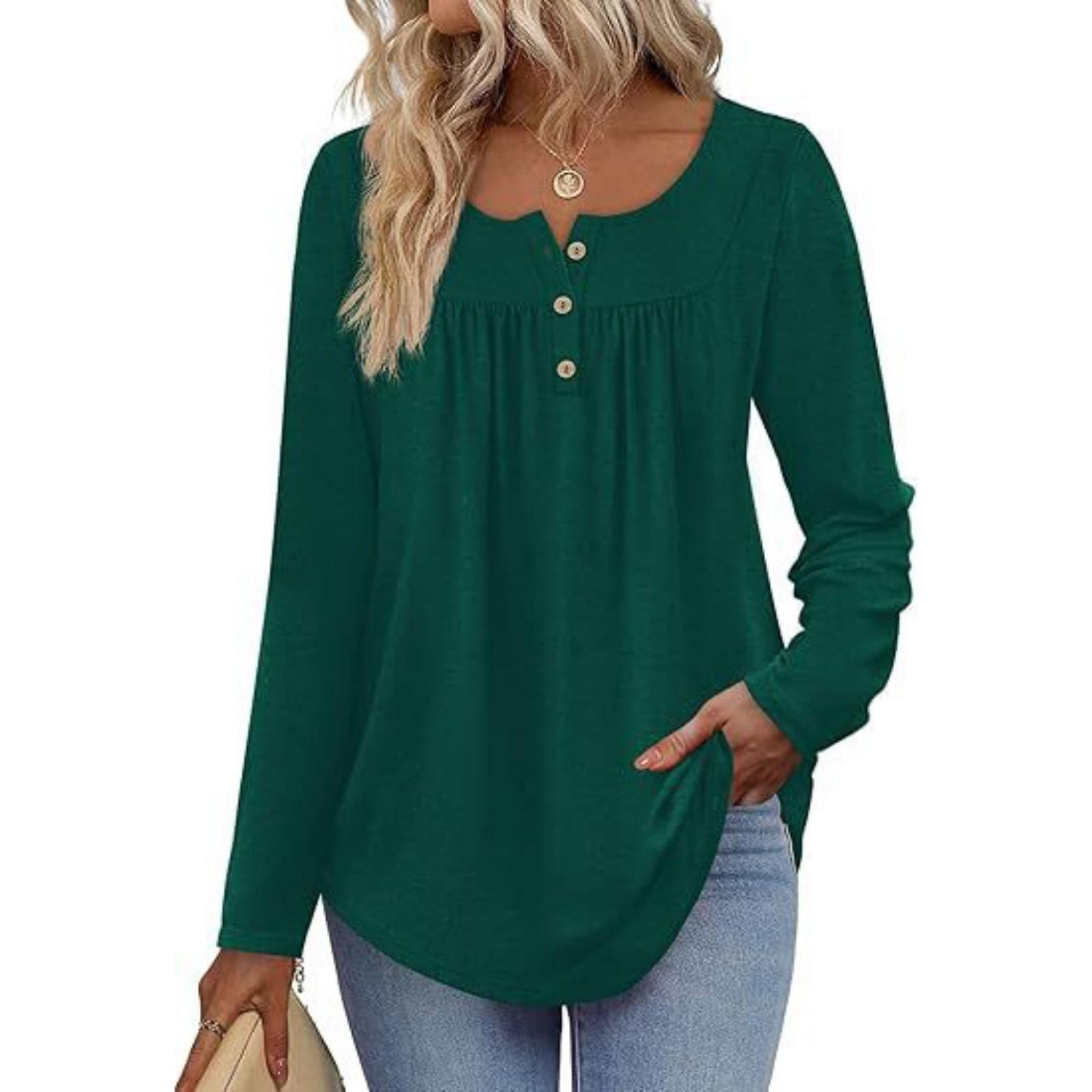 

Fashionable Women s Long-sleeved Shirt Fashion Round Neck Casual Pleated Button Top T-shirt L