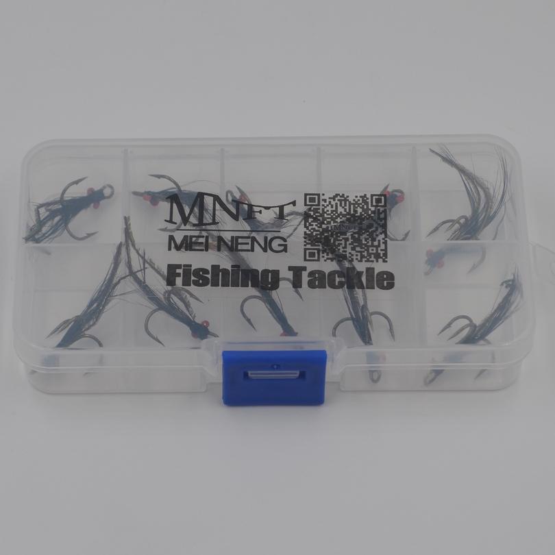 MNFT 10Pcs In Box Fly Fishing Three Hooks Flies Red Eyes Black Feathers Peacock Feathers Wetfly Nymph Bait Fly Deceiver Lures