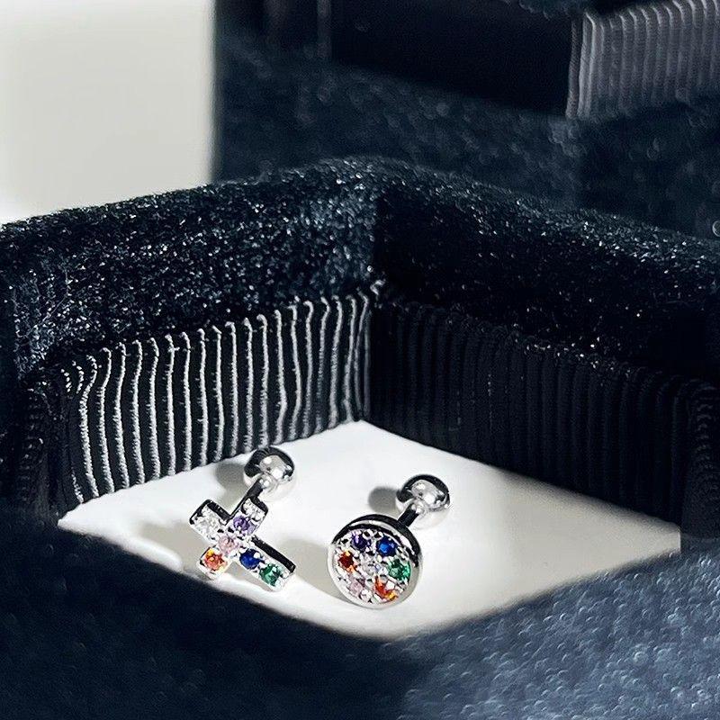 Colored Metal Stud Earrings Cross Round Design Stud Earrings Simple And Versatile Niche Earrings