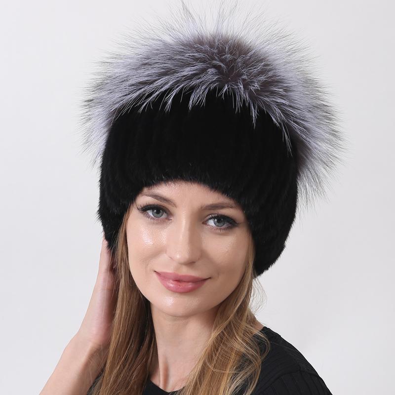 Knitted Hat With Mink And Pompom Natural Fox Fur Winter Warm Hats For Women Real Fur Beanie