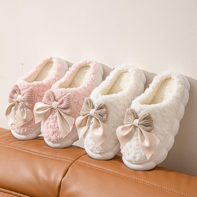 Cotton slippers autumn and winter 2025 new indoor home thick bottom warm home bow plush slippers
