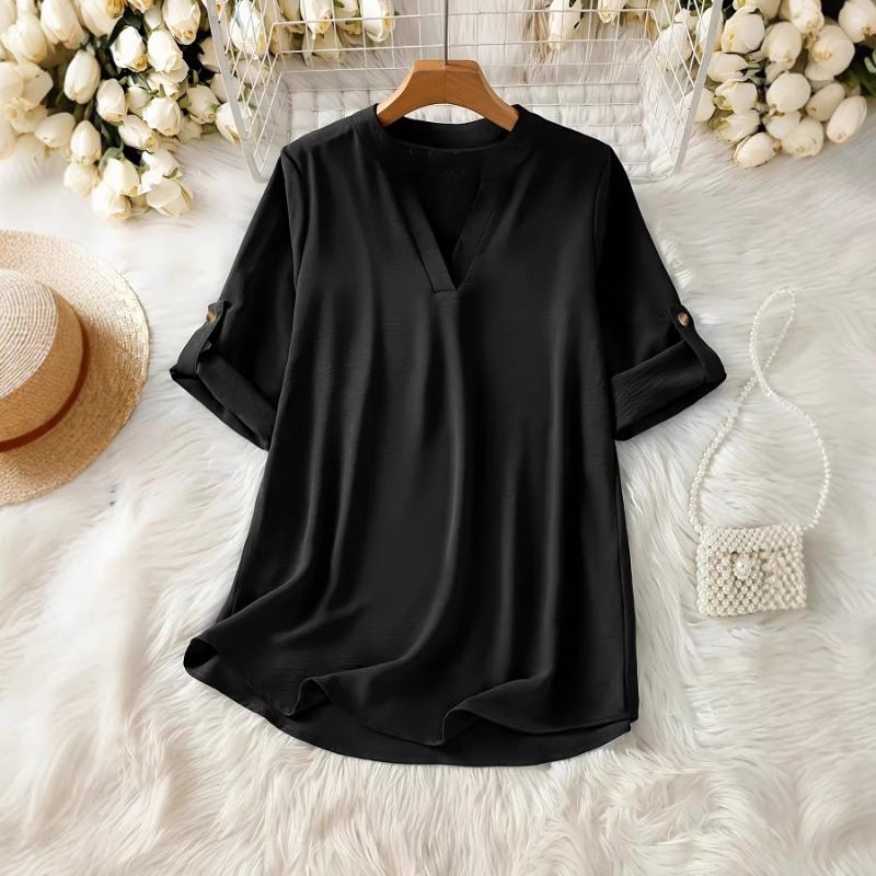 Women S V Neck Loose Casual Long Sleeve Solid Color Shirt