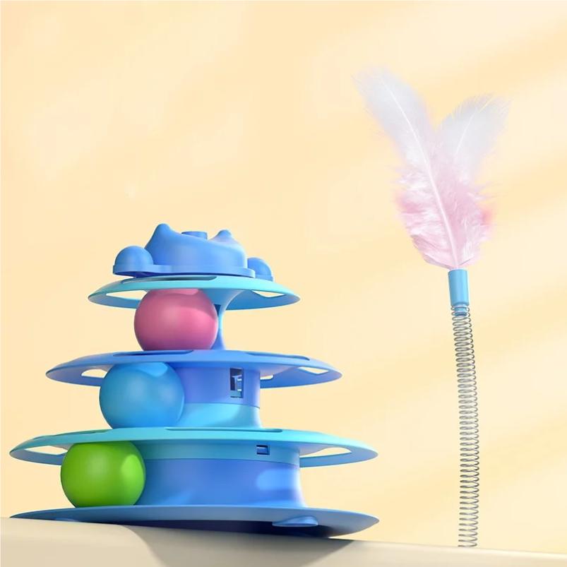 4-Layer Feather Cat Turntable With Fun Toy Ball And Playing Stick - Interactive Toy For Cats
