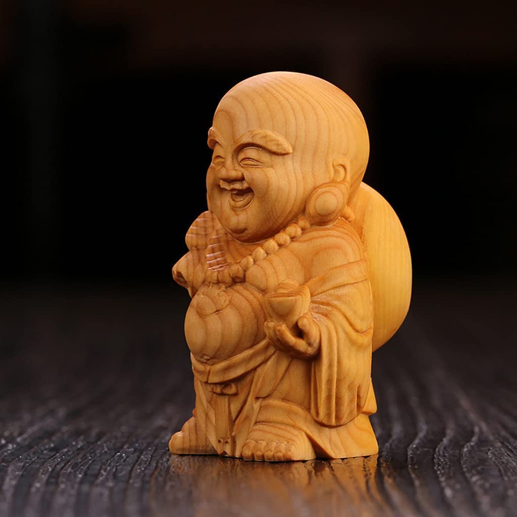 Miniature Wooden Buddha Crafted from Premium Charm for Wealth and Good Fortune H x 4cm W x 3cm Statue, Hotei, Boxwood, (6cm D)