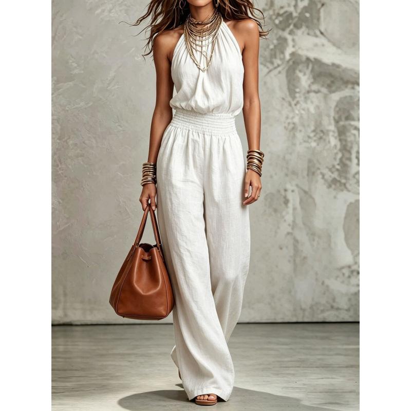 European and American cross-border foreign trade women's clothing 2026 summer sexy sleeveless backless waist strap neck wide leg jumpsuit women