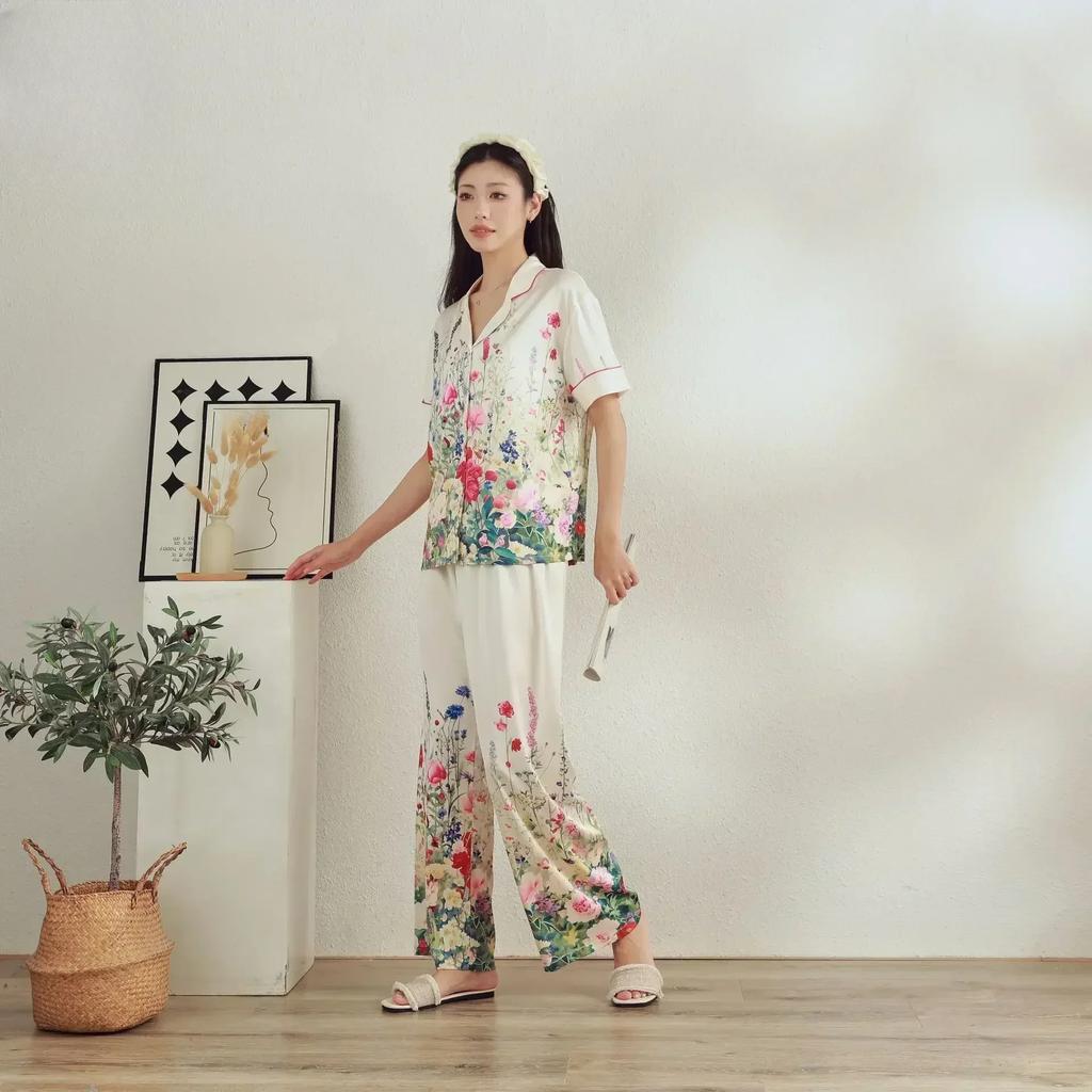 Neue französische Damen-Nachtwäsche Eis-Seide bedrucktes Mittelarm-Set mit hochwertigem Gefühl, Ins-Stil Revers Hausanzug Set Pyjama
