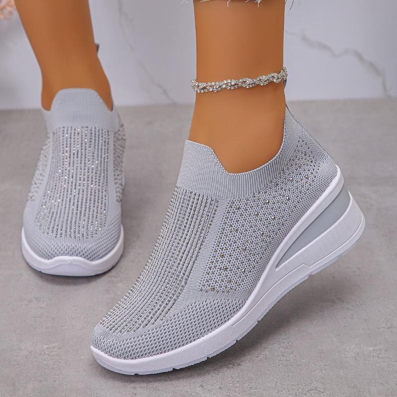 Women's Wide Width Crystallized Slip-On Sneakers - Round Toe Low Wedge Casual Shoes, Fashion Comfort Flats