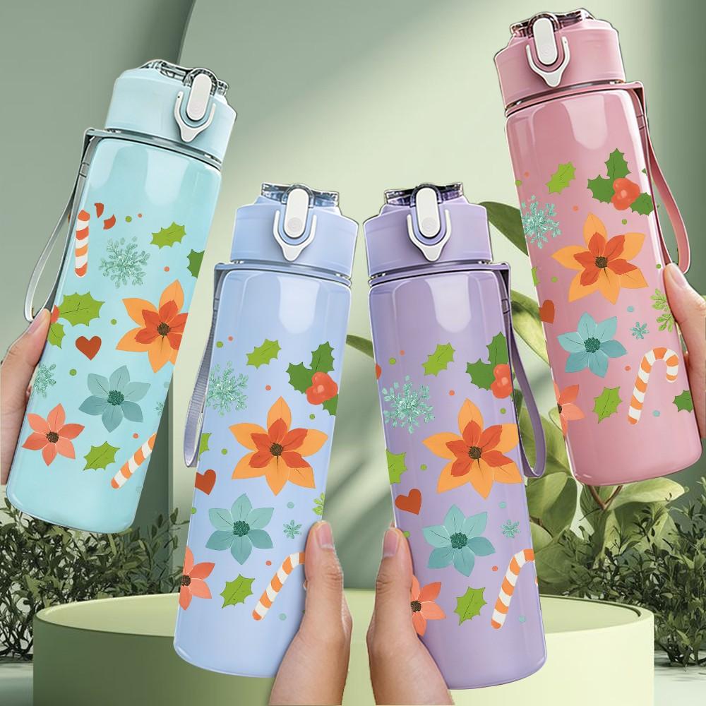 1PC Multicolor Floral Heart Print 750ml Color Plastic Sports Water Bottle Leakproof Flip Straw Lid Suitable for Sports Office Home Use