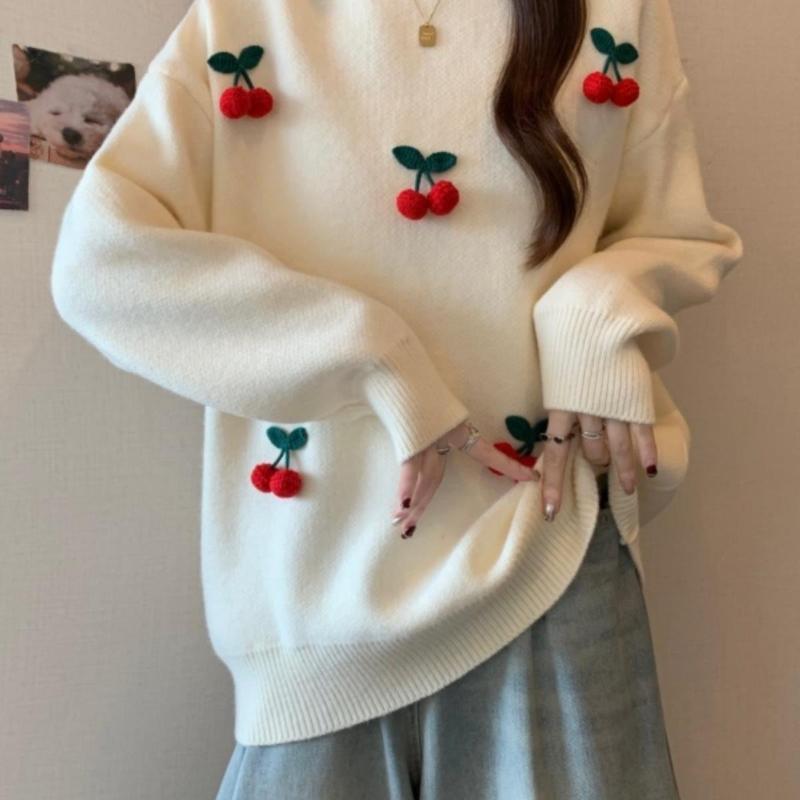 Women 3D Cherry Decorative Sweater Korean Gentle Round Neck Solid Color Sweaters Winter Fashionable Comfortable Lady Pullover Top