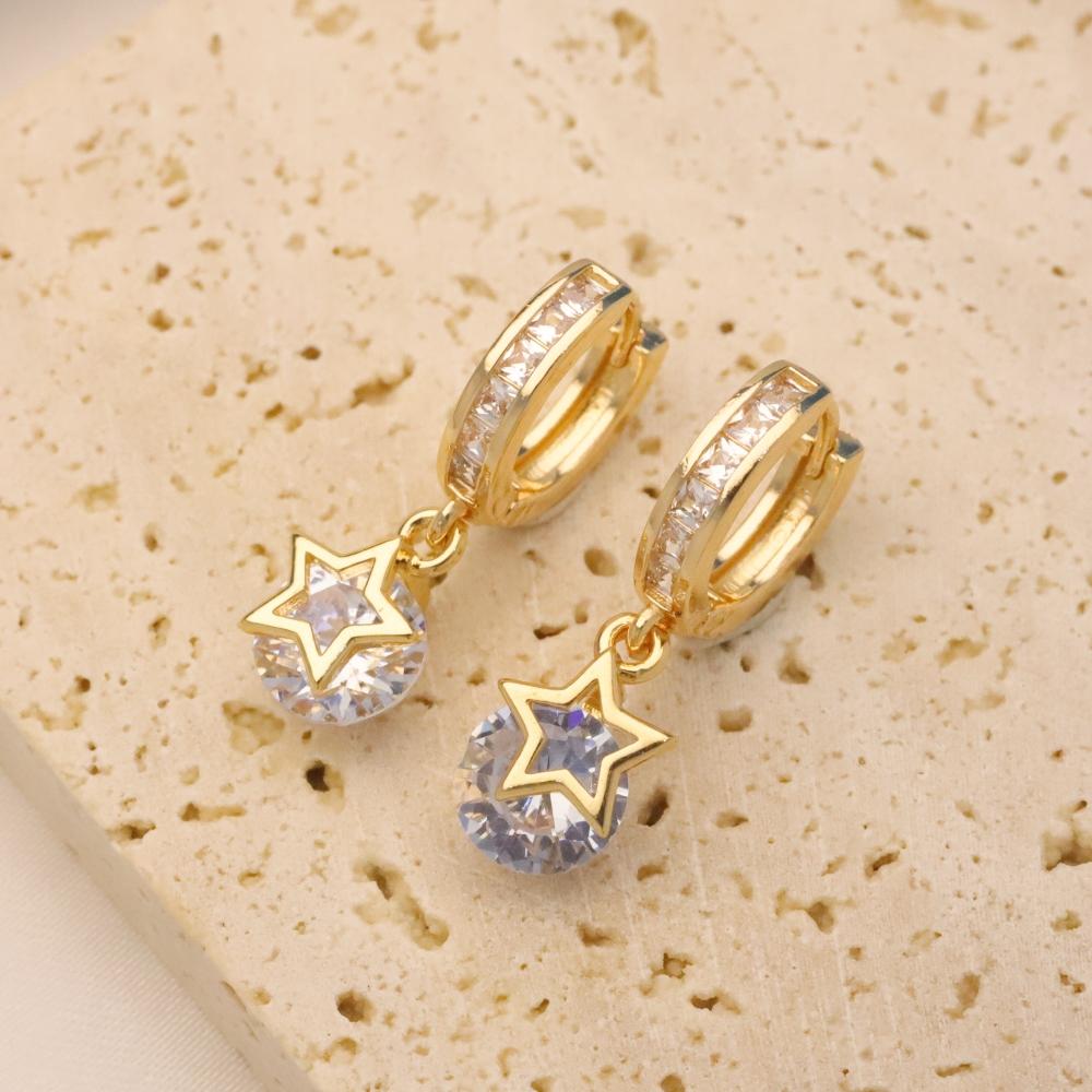 1 Pair Exquisite Synthetic Zirconia with Five-pointed Star Dangle Earrings for Women Golden Earring Jewelry Wedding Party Accessories