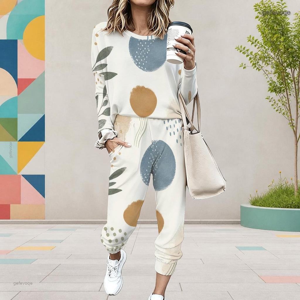 Women Plus Size Blue Beige Round Neck Long Sleeve Tie Dye Printed Two Piece Set Cuffed Tops Pants With Pockets
