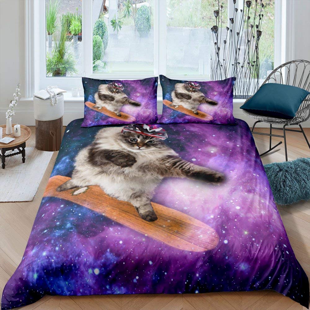 Galaxy Cat Duvet Cover Set Microfiber Universe Galaxy Bedding Set Cute Kitten Comforter Cover Outer Space Planets Quilt Cover