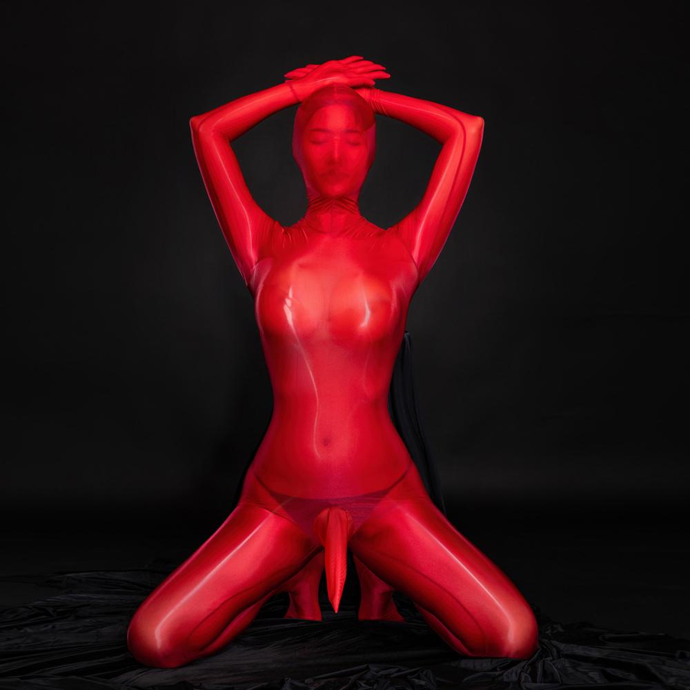 Sexy Women Full Cover Glossiness Bodysuit Sheer See Through Maid Tights Stain Smooth One Piece Suit Bulge Pouch Leotard