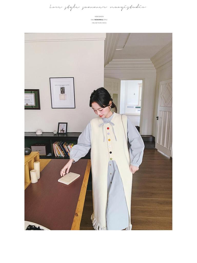 Women's Spring 2025 Playful Two-Piece: Colorful Button Shirt Dress & Tassel Knit Vest Suit