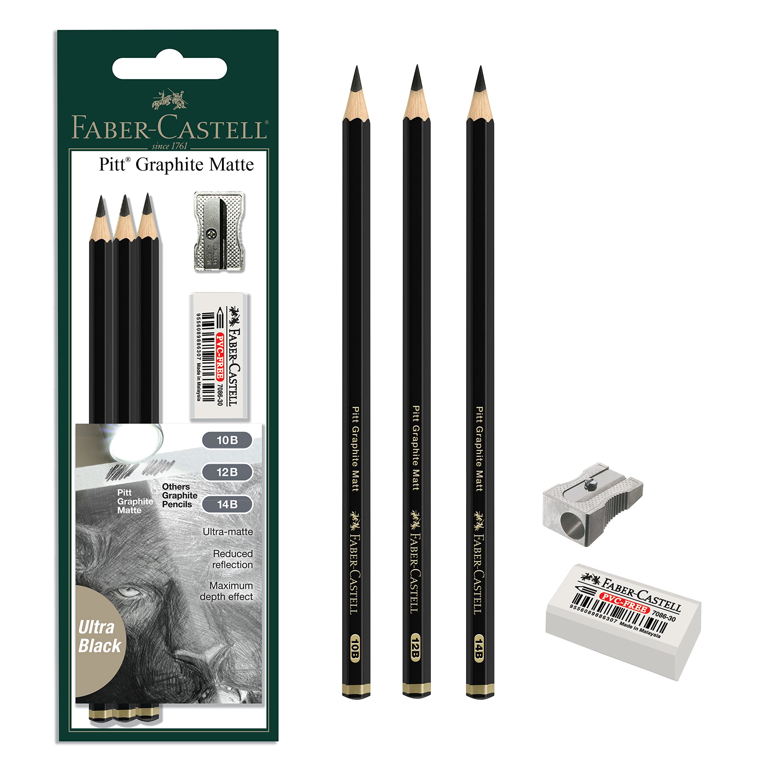 

Pitt Graphite Matte Tin and 14B Matte Black Graphite Pencils Faber-Castell (3 Pencils) 10B, 12B,