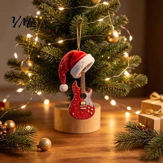 Unique Christmas Gift Red Guitar Ornament, 2D Flat Acrylic Hanging Pendant with Durable Holiday Decoration Santa Hat, Country Music Tree Decoration,
