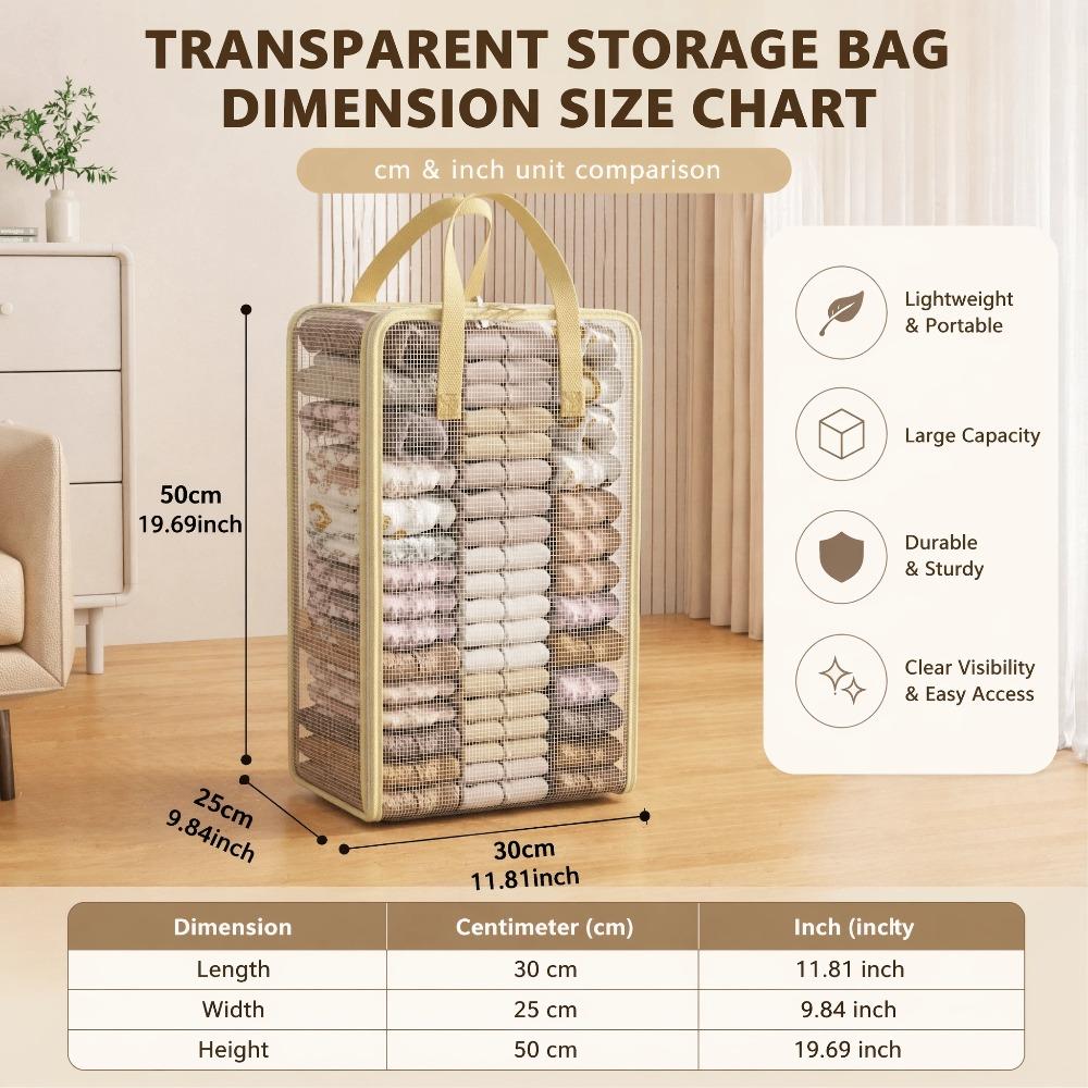 Clear Mesh Storage Boxes with Sturdy Handles, Foldable Breathable Visible Clothes Organizer Bin for Closet, Towels, Bedding & Household Sundries