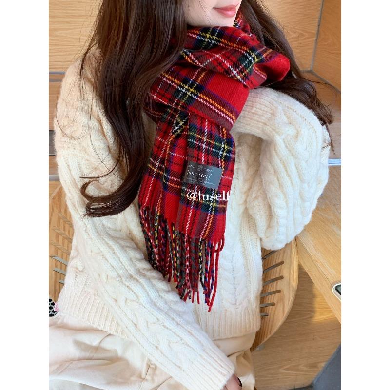 Korean Christmas Red Plaid Scarf for Women Winter Warm Retro High End New Year Gift Scarf Shawl for Students