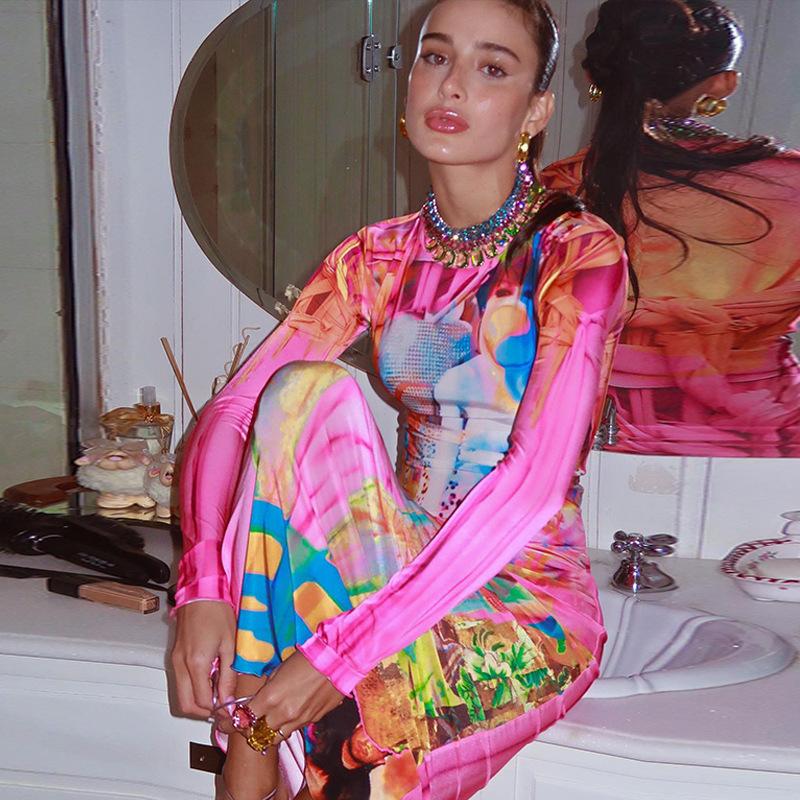 Women's Autumn and Winter Printed Long Sleeve Standing Collar Midi Dresses