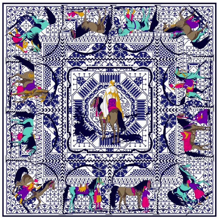 100%Silk Women Scarf Luxury Brand Europe Design Foulard 130*130cm  Horses  Knights Print Square Scarves Fashion Shawls Wraps