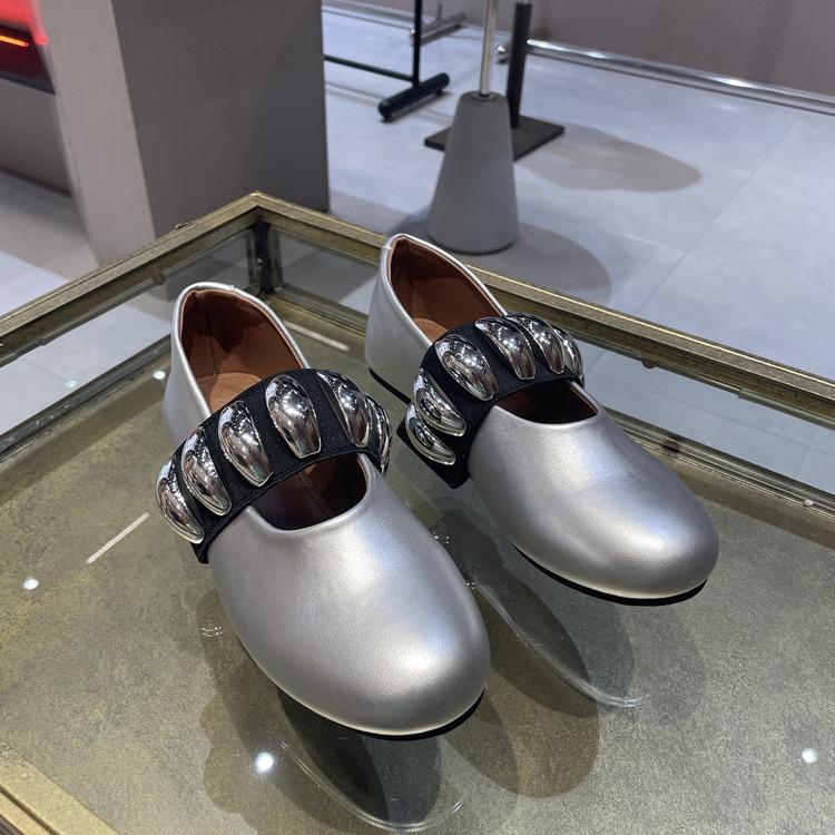 Rundkopf Ein-Wort elastische Metall-Flachboden-Mary Janes Damenschuhe Koreanisch echtes Leder Nische vielseitig kleine Lederschuhe