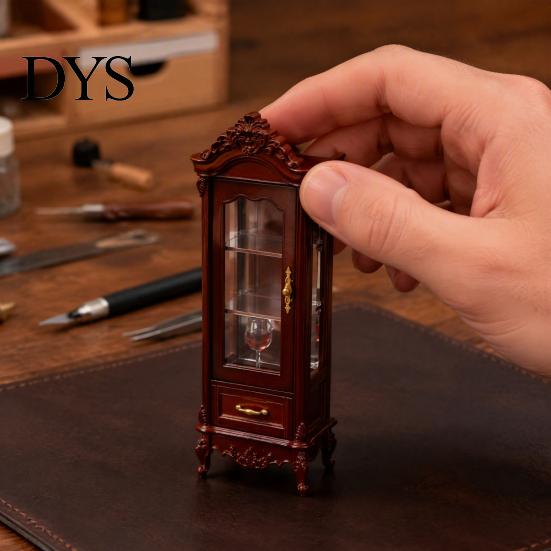 Doll Mansion Interior Accessories Miniature Curio Cabinet, 1/12 Scale Mini Wine Wooden Tiny Display Cabinet with Drawer, Vintage Furniture for Living