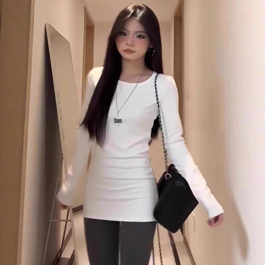 2025 Korean Style Women's Slim Fit Brushed Fleece Long Sleeve T-Shirt for Autumn/Winter