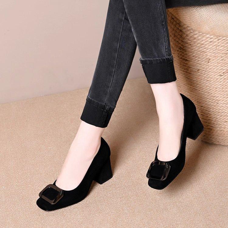 French square buckle suede single shoes autumn new light mouth temperament square head high heels commuter shoes