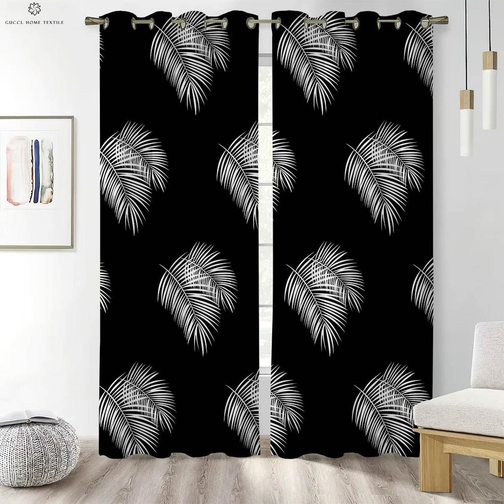 2Pcs Tropical Plant Leaves Printed Curtains 100% Polyester Machine Washable Bedroom Living Room Kitchen Decorative Curtains