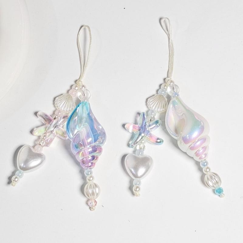 Unique Ocean Style Clear Sparkling Beaded Earphone Holder Chain Featuring Seashells Pearls Accent And Phone Decoration