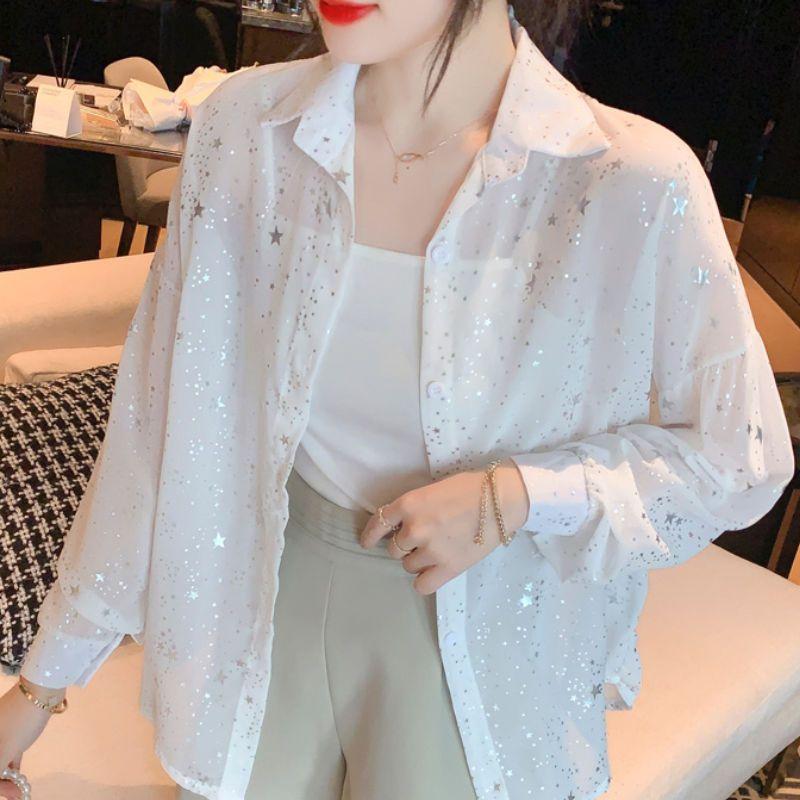 Summer Sequin-printed Chiffon Shirt Sun-protective Coat Anti-ultraviolet Thin-style Long-sleeved Top for Women