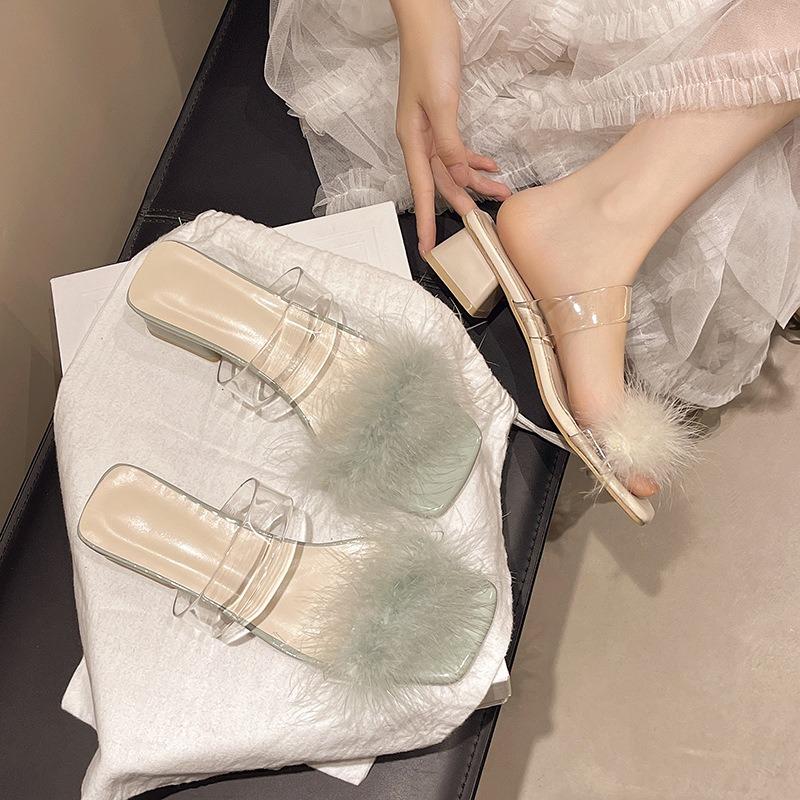 Beautiful fluffy cool slippers women's summer wear new fashion crystal thick high heel one-word drag