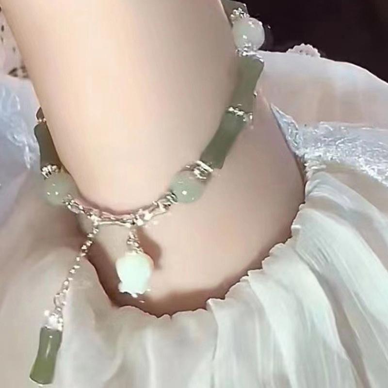 Brățară cu mărgele din bambus verde retro în stil chinezesc pentru femei, bijuterii din aliaj cu farmec simplu pentru femei