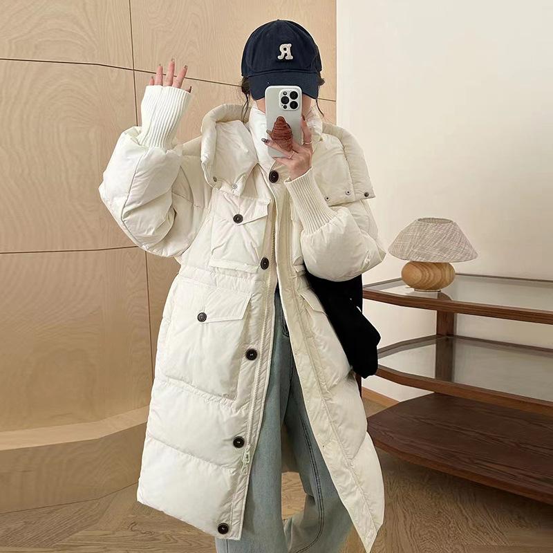 Tooling long down jacket women's 2024 winter new fashion hooded design sense four pockets warm over knee jacket