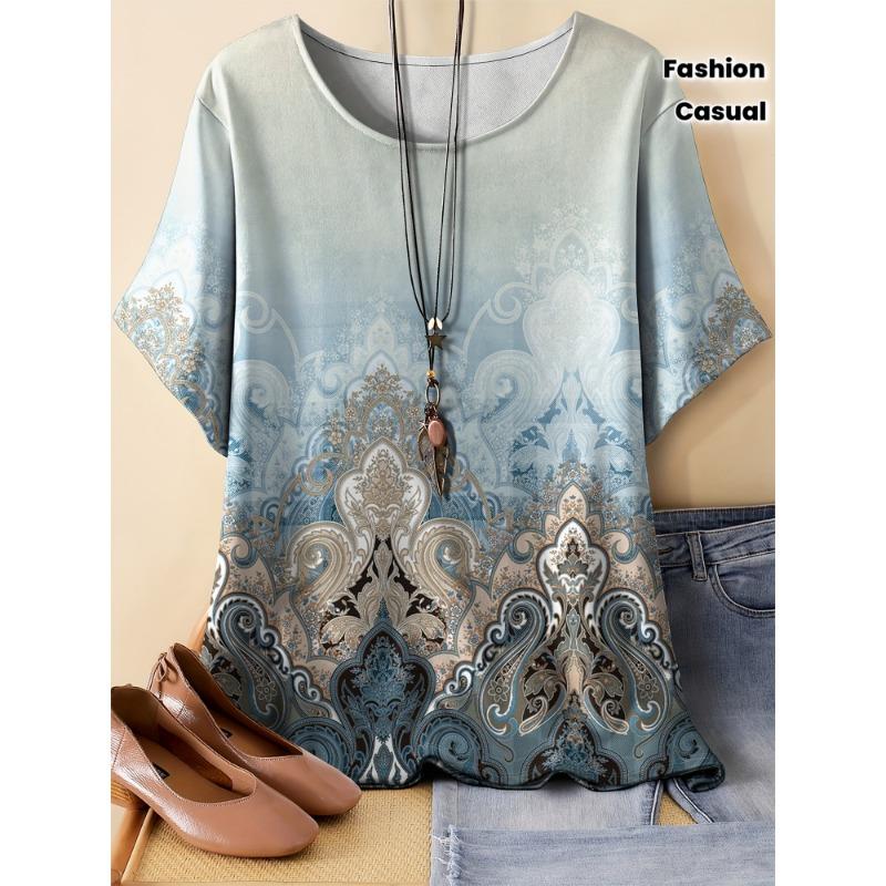 Summer women s short-sleeved round neck casual loose retro ethnic style bohemian pattern S