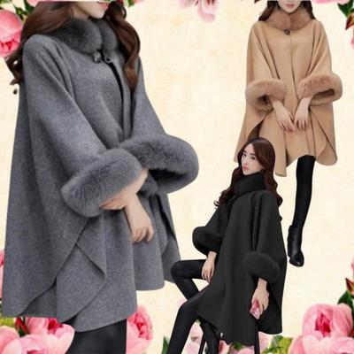 Damen Wollmantel Fuchspelzkragen Slim Fit Mode Herbst Winter Neuer Stil Wasserfallausschnitt Wickelmantel Übergröße Elegant Cape