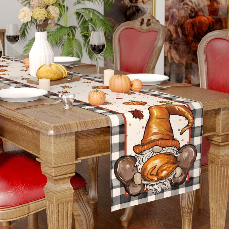 Obrus na Święto Dziękczynienia Bieżnik na stół Krata Buffalo Gnom Dekoracje na Święto Dziękczynienia Dekoracje na stół domowy Prezenty świąteczne